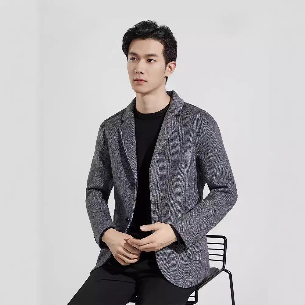 Spring and Autumn Young Men's Simple Herringbone Short Wool Double-sided Wool Single-Western Business Casual Suit Jacket