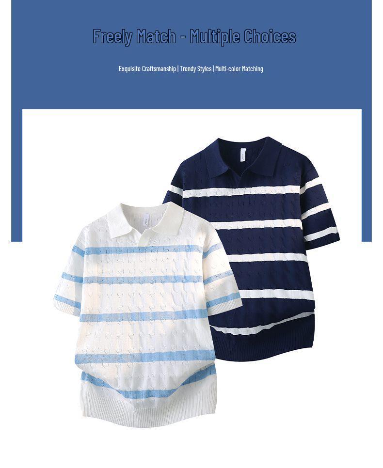 2026 Japanese Style White Striped Lapel Polo Knit T-Shirt for Men - Summer Short Sleeve