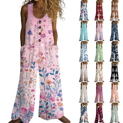 Women's Fashion Casual Button-down Sleeveless Jumpsuit Vintage Floral Print Cotton Pocket Jumpsuit