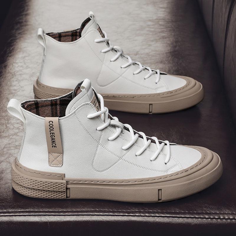 Valódi Bőr Cipők Férfi Magasszárú Divat Sneakerek Lapos Márka Fekete Fehér Cipők Menő Utcai Stílus Férfi Lábbeli