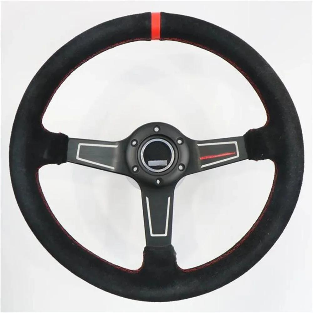 14 inch 350MM Suede Shallow Concave Steering Wheel with Red Stitching,Universal Racing Sports Steering Wheel