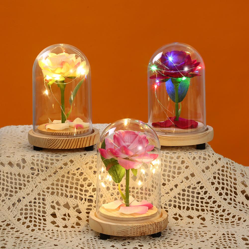 Rose immortal flower glass cover tabletop ornament Christmas atmosphere light birthday gift exquisite glass cover gold leaf flower