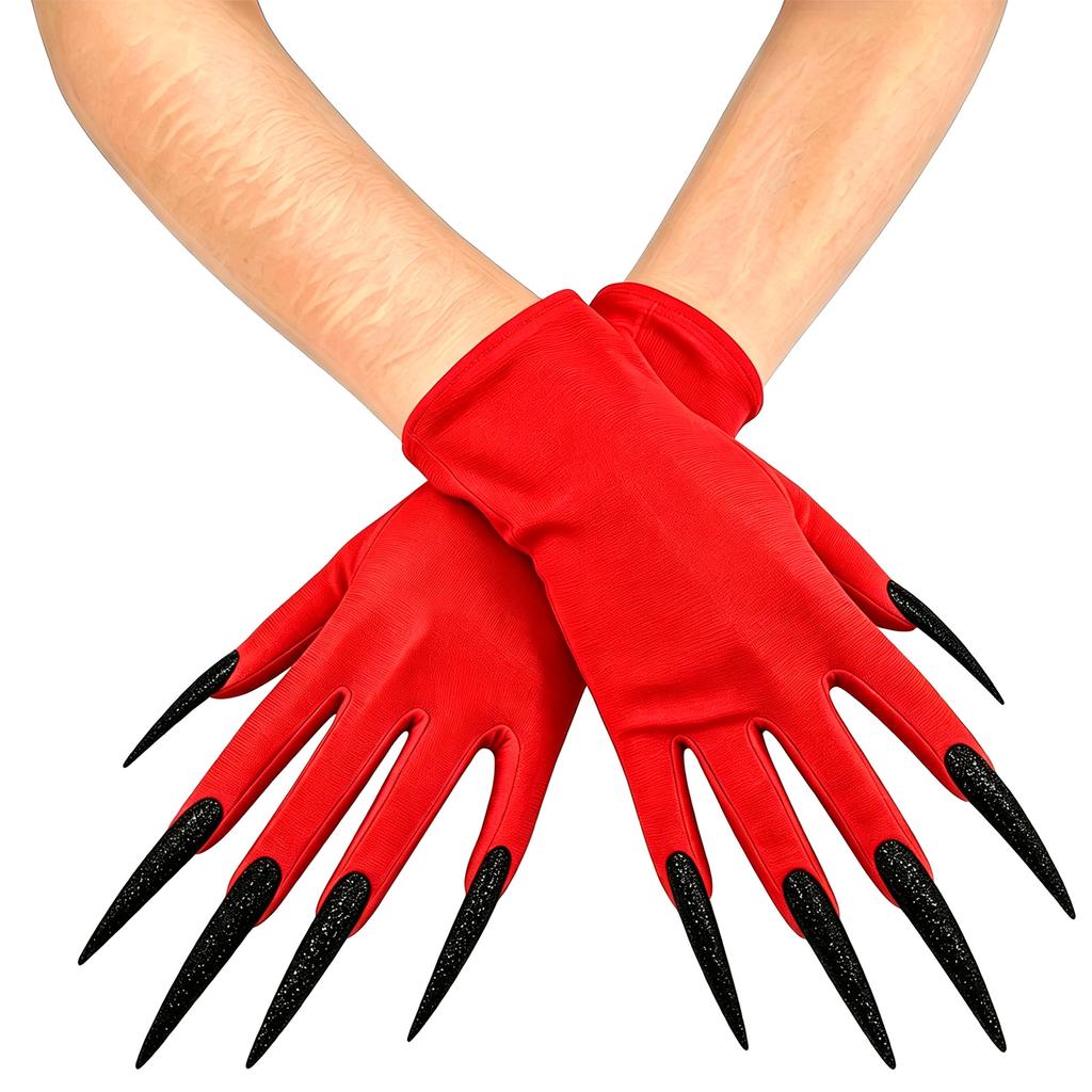 Dark Gloves with Long Nails for Halloween Witch Party, Short Stretch Fit