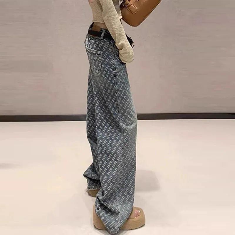 Autumn style design sense letter printing jeans women's loose and thin versatile high waist wide floor mopping straight pants