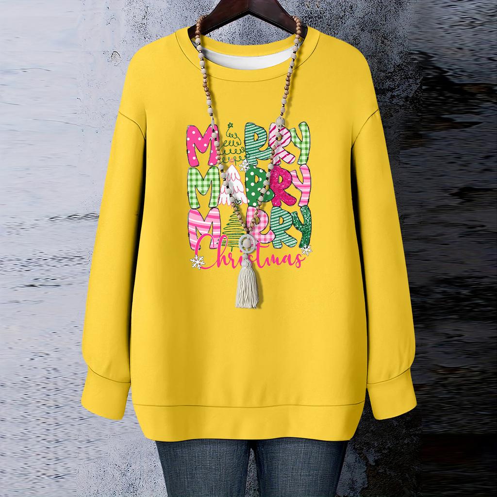 Damen Weihnachts-Print Rundhals Langarm T-Shirt Sweatshirt Oberteil