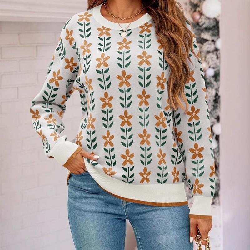 Floral Knit Sweater Crew Neck Long Sleeve Pullover Women