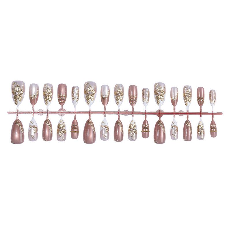 3D three-dimensional gilt flower almond nail wearing armor foreign trade gentle wind fake nails 30 pieces white nail art direct supply