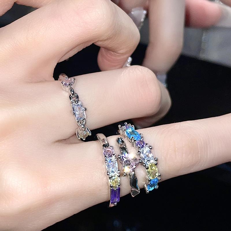 Diamond Ring Light Luxury Niche Design High Sense Unique Color Zircon Contrasting Color Ring Dream Rainbow Open Ring