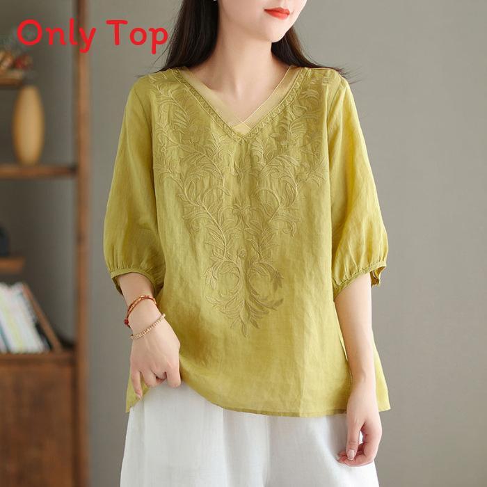 Cotton Embroidered Womens Short Sleeve Blouse For Summer Casual Wear