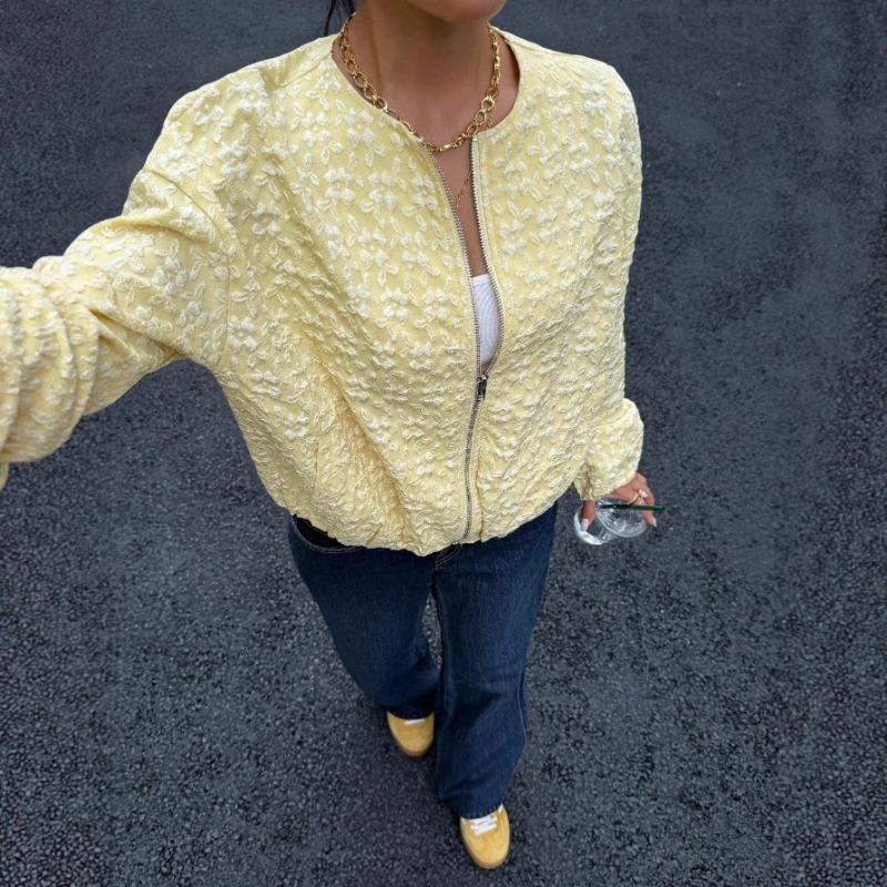 

Women s Long-sleeved New Spring and Autumn Jacquard Jacket Cardigan Top Baseball Uniform Casual Jacket S жёлтый