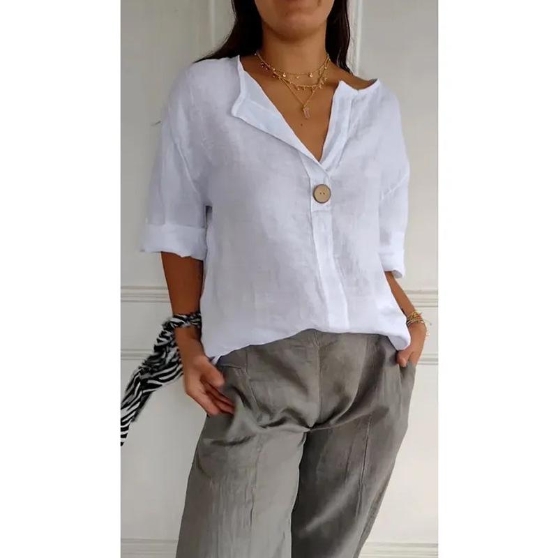 European Chic V-Neck Cotton Linen Mid-Sleeve Top for Plus Size Women - Spring/Summer