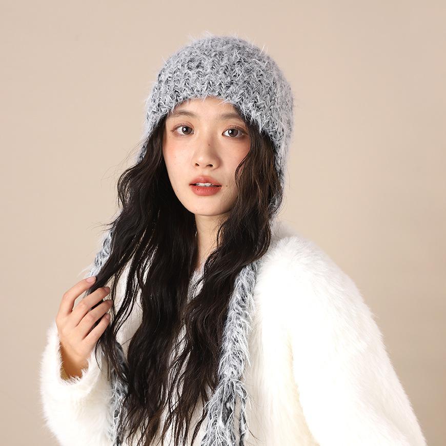 Sweet mixed color plush knitted hat women s hat Japanese warm ear protection cycling cold-proof plush hat wool hat