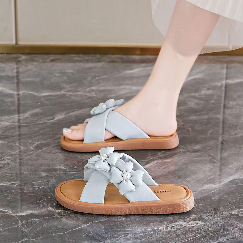 Damen Flache Sohle Blume Outdoor Strand Hausschuhe Offene Zehe Sommer Neu Weiche Sohle Rutschfest Leicht Hausschuhe Sandalen