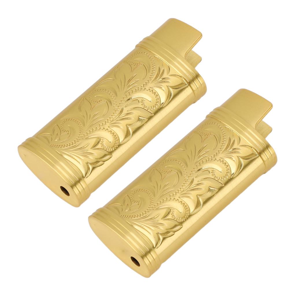 2pcs Retro Lighter Case Compact 3D Floral Stamped Engraving Zinc Alloy Protective Case Cover Gold