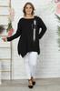Damska Tuniczka Plus Size w Stylu Czarnym z Detalami na Ramionach, Przód Zdobiony Haftem Kamieniami w Kształcie Motyli, Tuniczka z Długim Rękawem
