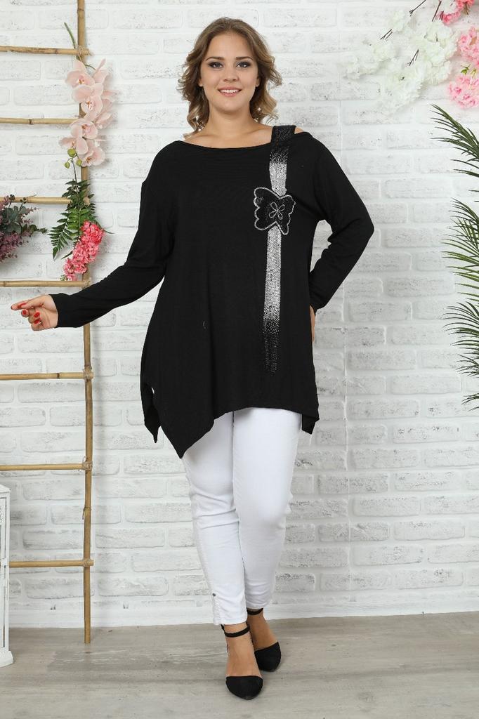 Damska Tuniczka Plus Size w Stylu Czarnym z Detalami na Ramionach, Przód Zdobiony Haftem Kamieniami w Kształcie Motyli, Tuniczka z Długim Rękawem