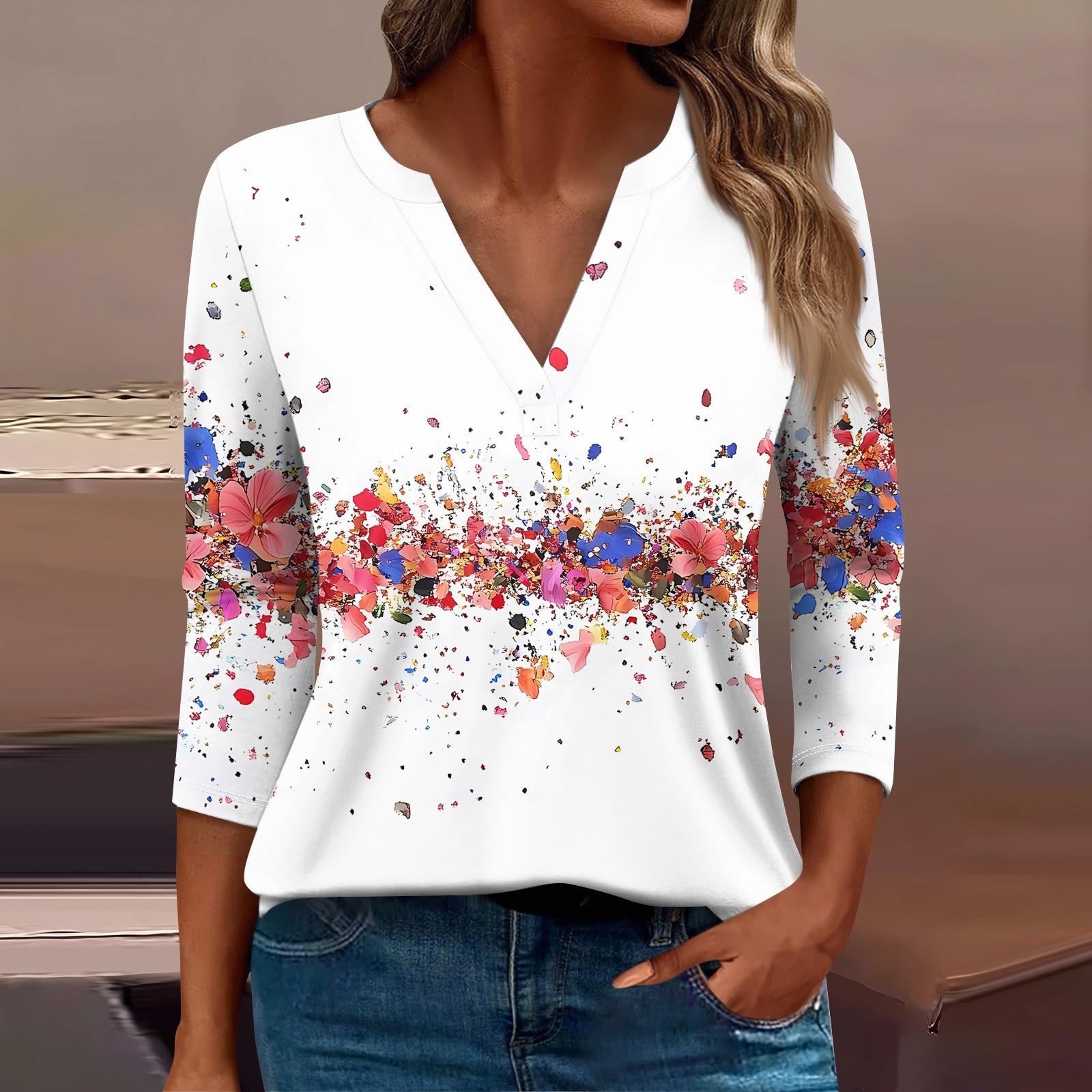 

Женская футболка Футболка с принтом Рукав 3/4 Повседневные Выходные Мода Базовый V-образный вырез Обычный топ L белый