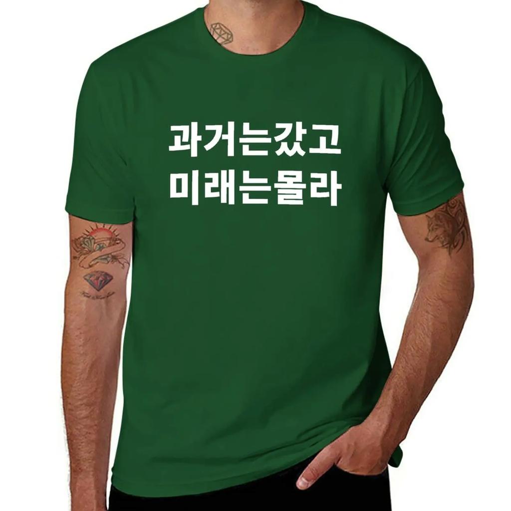 Past Is Gone Future Is Unknown In Korean Hangul Funny Korean T-Shirt Blanks Plus Size Tops Men's Cotton T-shirt