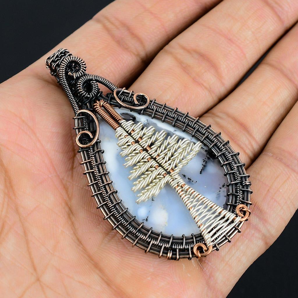 Dendrite Opal 999 Copper Wire Wrapped Pendant, Handmade Gemstone Jewelry Pendant Gift For Birthday