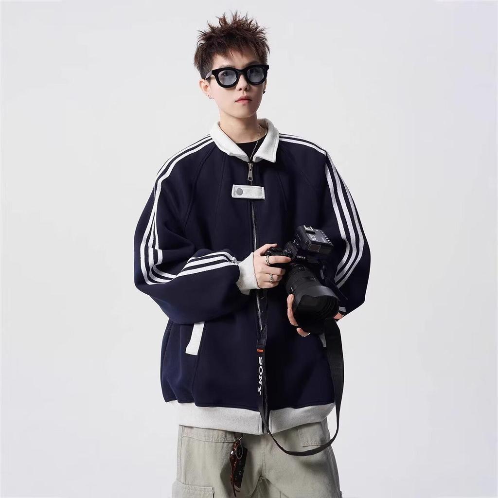 Unisex American Color Block Striped Hoodie, Heavyweight Baseball Jacket-Style Cardigan for Spring/Autumn