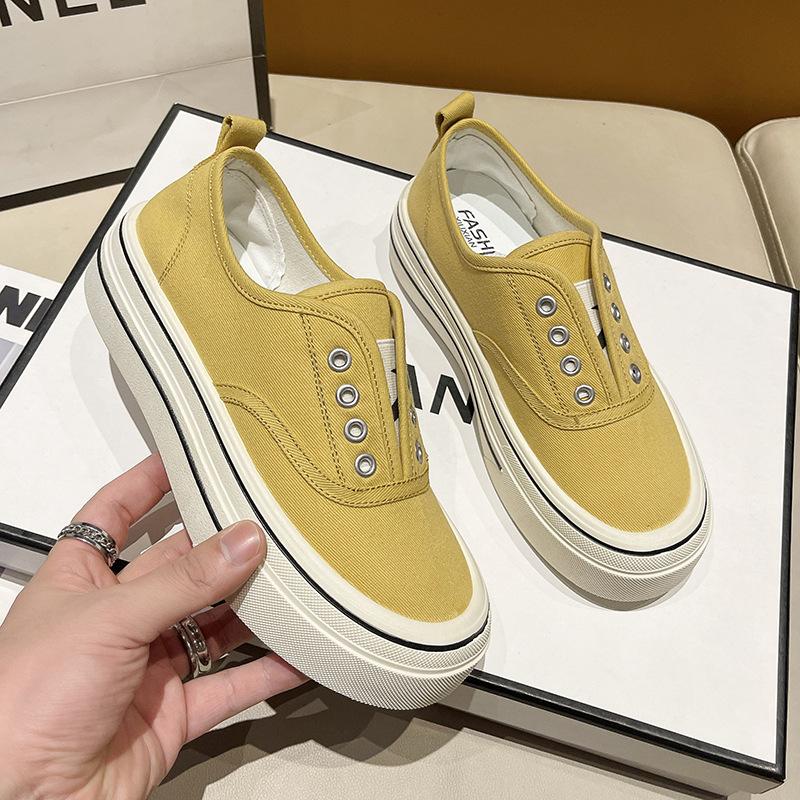 Thick-soled Elastic One-pedal Canvas Shoes for Women's New Versatile Breathable Casual Shoes Heightening Little White Shoes Board Shoes for Women