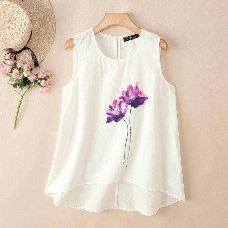 

ZANZEA Women Casual Round Neck Summer Sleeveless Print Tank Tops S білий