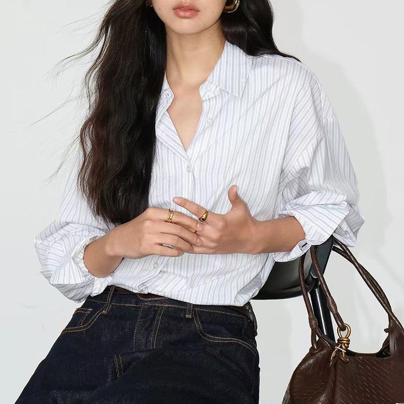Salt-Toned Striped Long Sleeve Casual Shirt for Women - Spring/Autumn 2026
