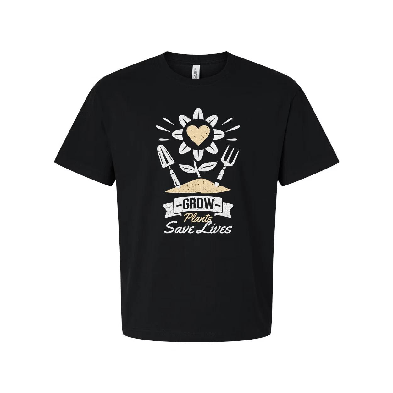 

Gardening Themed Unisex T Shirt With Grow Plants Save Lives Botanical Illustrati XL
