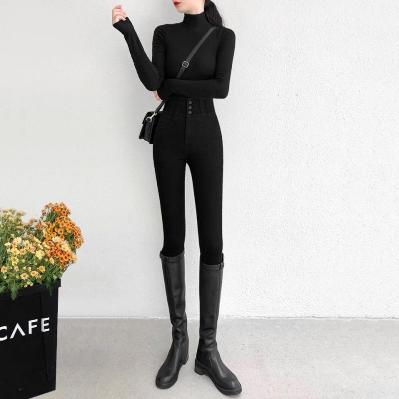High-waisted Tight Black Bottoming Pants Outer Wear Spring and Autumn 3 Buttons Small Foot Pencil Pants Slim Anti-pilling Hundred with Long Pants