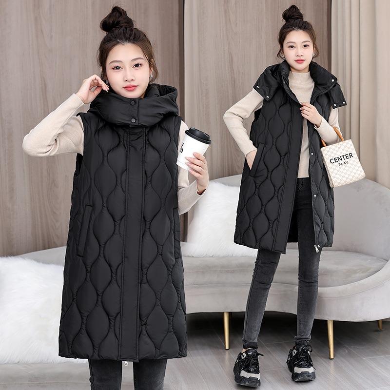 New Rhombus Grid Down Cotton Vest Women's Medium and Long Loose Hooded Vest