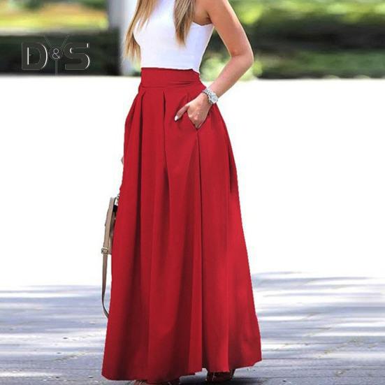 Dámská maxi sukně s vysokým pasem, prodyšná, s velkým lemem, dlouhá sukně s kapsami, stylová večírek, zeštíhlující sukně