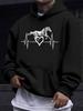 American/European Style Unisex Autumn/Winter Printed Hooded Long-Sleeve Sweatshirt, Galloping Horse ECG Heart Combination Print Hooded Sweatshirt, Whi