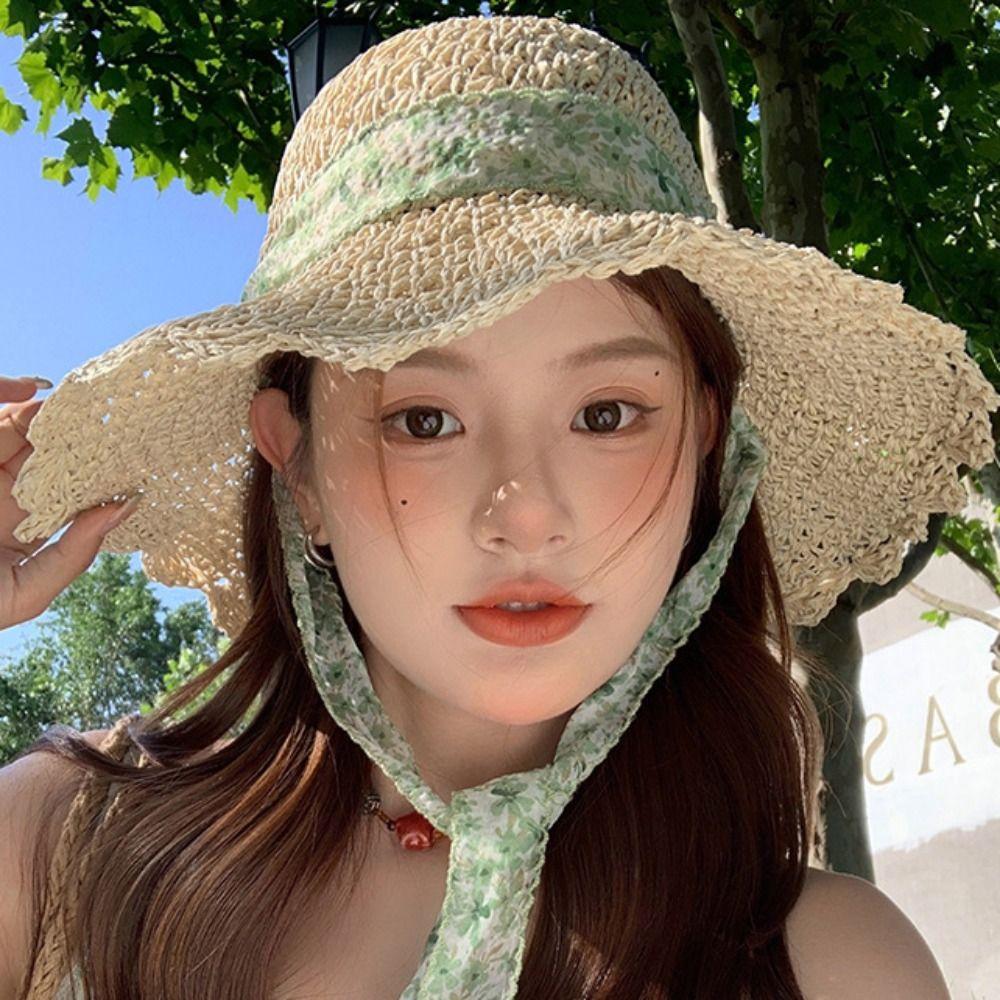French Style Bow Ribbon Straw Hat Spring Summer Women's Sun Hat Sweet Lace Straw Hat  Travel
