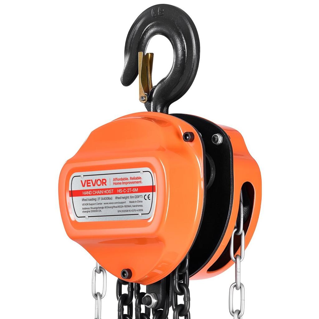 Hand Chain Hoist, 2 Ton Capacity, Manual Chain Block with Upgrade G80 Galvanized Chain, 6 M Lifting Height, Heavy Duty Pulley Hoist for Garage
