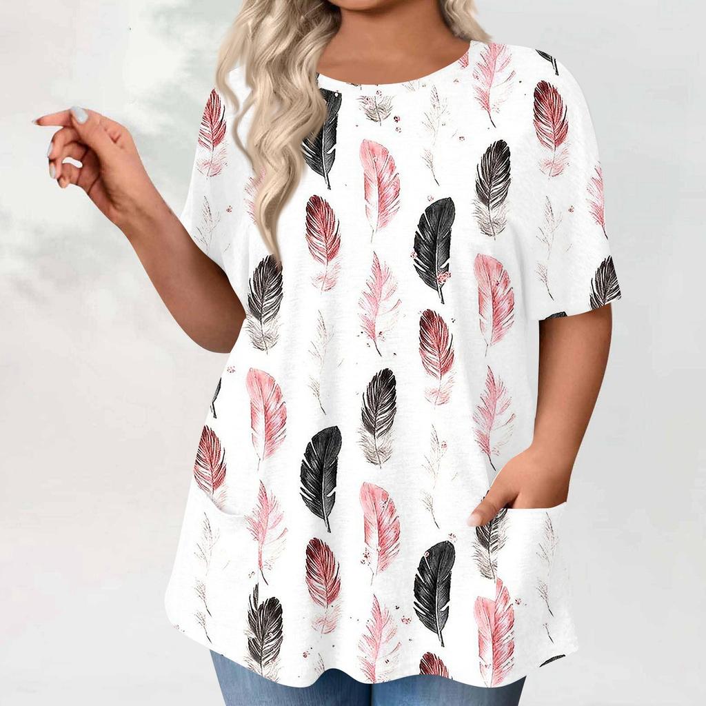 Damen Übergröße Tops Kurzarmshirts Rundhals Bedruckt Lässig Taschen Kleidung Kleidung Tops