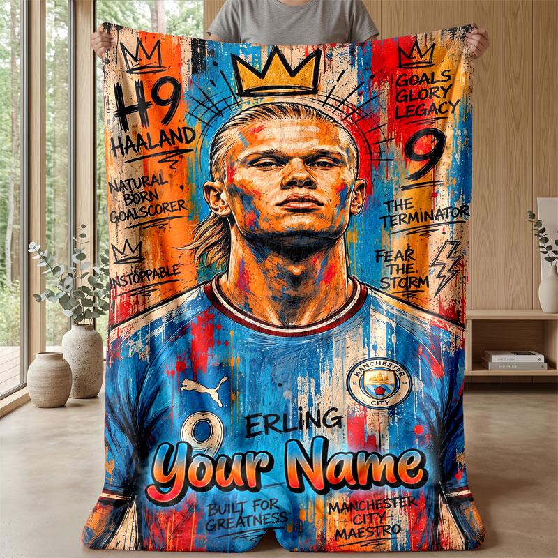 Erling Haaland Custom Name Text Flannel Blanket Soccer Logo Personalized Fleece Throw Blanket Special Gift For Sofa Bedroom Home