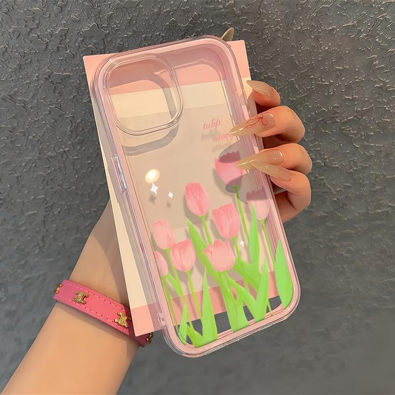 Cute Pink Tulip TPU Transparent Pink Silicone Phone Case For iPhone 17 16 15 14 13 12 11 Pro Max 16 Plus Shockproof Soft Cover