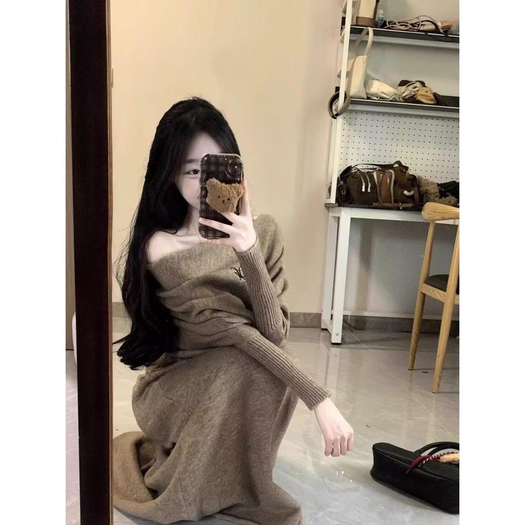 Women's Korean Spicy Off-the-Shoulder Sweater & High-Waisted Slimming Midi Skirt Set
