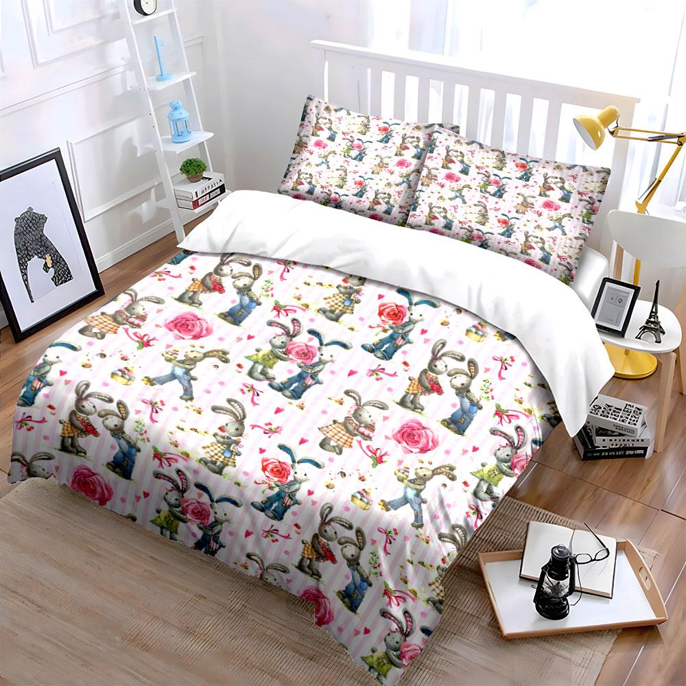 "Rabbit Themed Romantic Decor Set" Soft Skin-Friendly Bedding Set Includes 1 Duvet Cover And 2 Pillowcase Gift