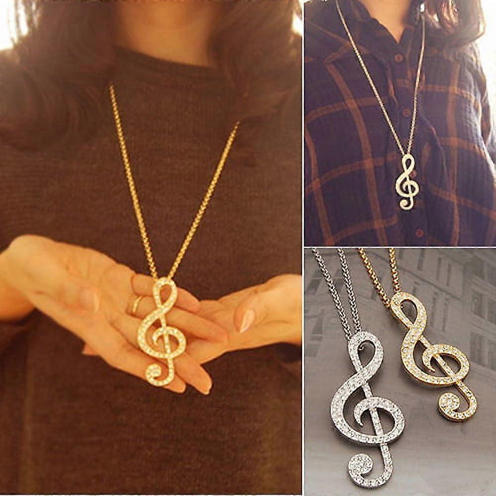 harmtty Fashion Women Fully Rhinestone Music Note Pendant Long Chain Sweater Necklace,Silver