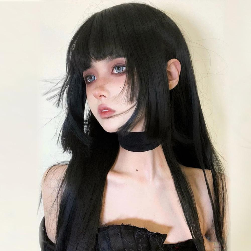 "Japanese Lolita Princess Cut Black Long Straight Wig for Women"