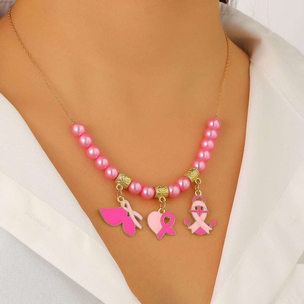 Breast Cancer Awareness Necklace & AIDS Prevention Bracelet with Red Ribbon Badge