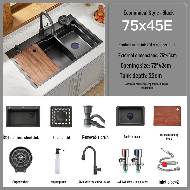 Black Nano 304 Stainless Steel Kitchen Sink: Large Single Bowl Vegetable Washing Basin