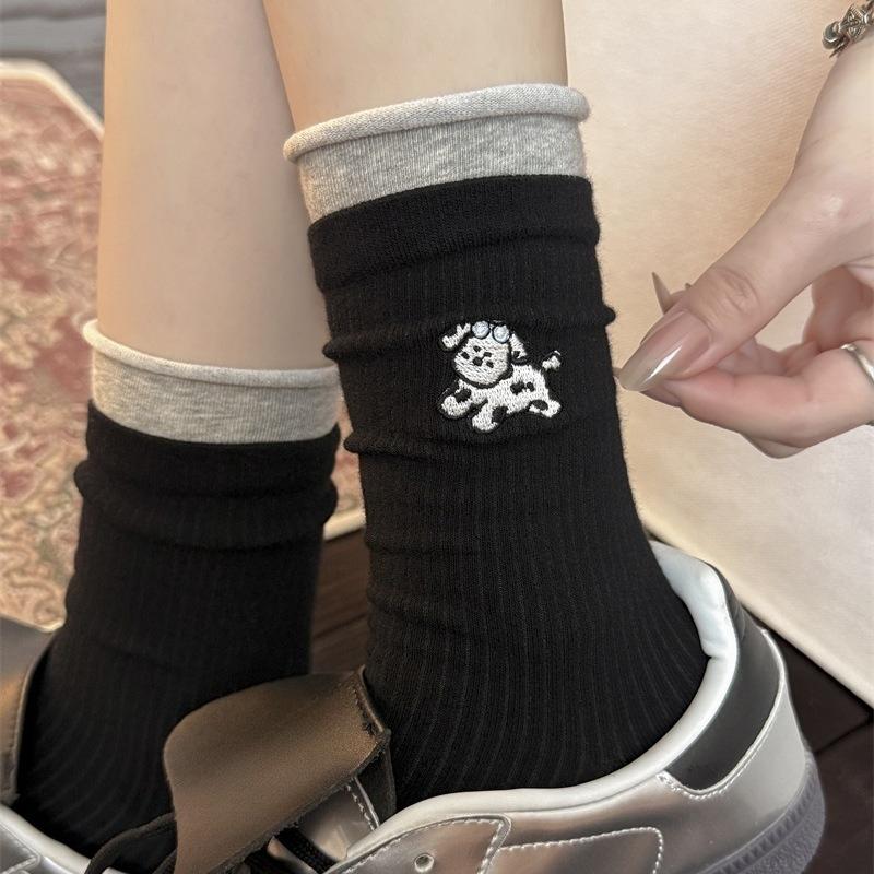 

Женские осенние носки-гольфы с милой мультяшной вышивкой собаки, с вертикальной полоской, бесшовные, трубчатые, махровые 1 pair чёрный