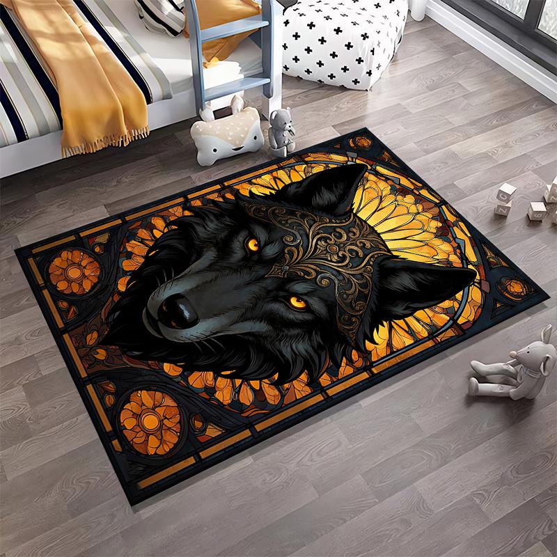 "Black Wolf with Golden Eyes Carpet, Mandala Floral Pattern Design" Suitable for Use As an Anti-slip for Living Room Bedroom Sofas