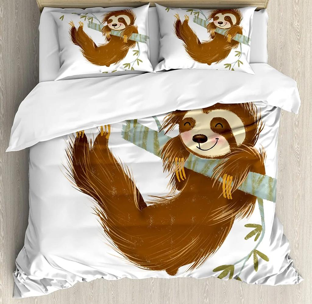 Sloth Bedding Set For Bedroom Bed Home Cartoon Mammal on Tropical Jungle with Green Banana Duvet Cover Quilt Cover Pillowcase