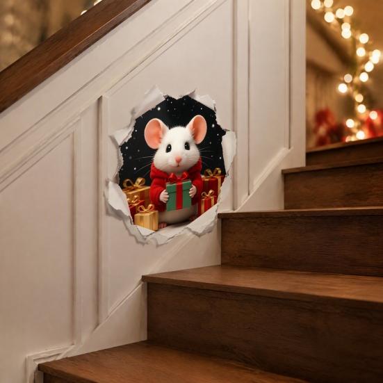 Christmas Party Wall Decor 3D Hole Illusion Mouse Sticker, Peel And Stick Waterproof PVC Creative Gifts for Friends Decal Window Glass, Festive