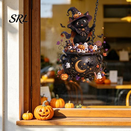 Waterproof Holiday Decorations Halloween Window Stickers, Cartoon Ghost Black Cat Pumpkin Static Glass Decorative Film for Parties Decals Shop