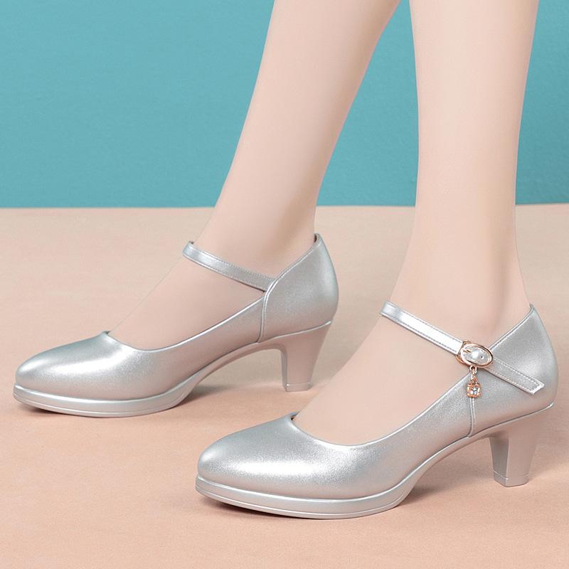 Punta Tonda, Basso Taglio, Alla Moda, Eleganti, Tacco Chunky, Tacco Medio, Suola Morbida, Comode Scarpe da Lavoro con Cinturino a Singola Fibbia