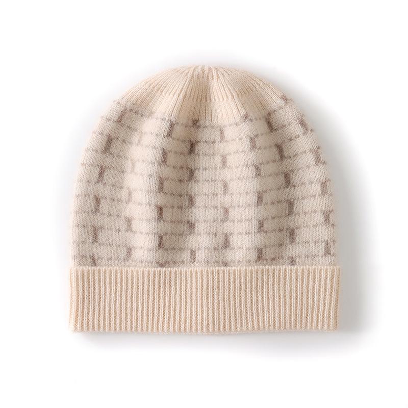 Kaschmir-Herbst- und Wintermütze: Hochwertige, farblich abgesetzte, karierte, dicke, warme Strickmütze für Damen und Herren